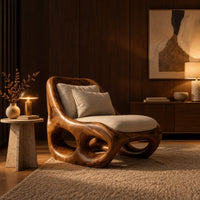 Sculpted wood accent chair with open loops in the base and loose cushions in an evening living room with walnut wall paneling