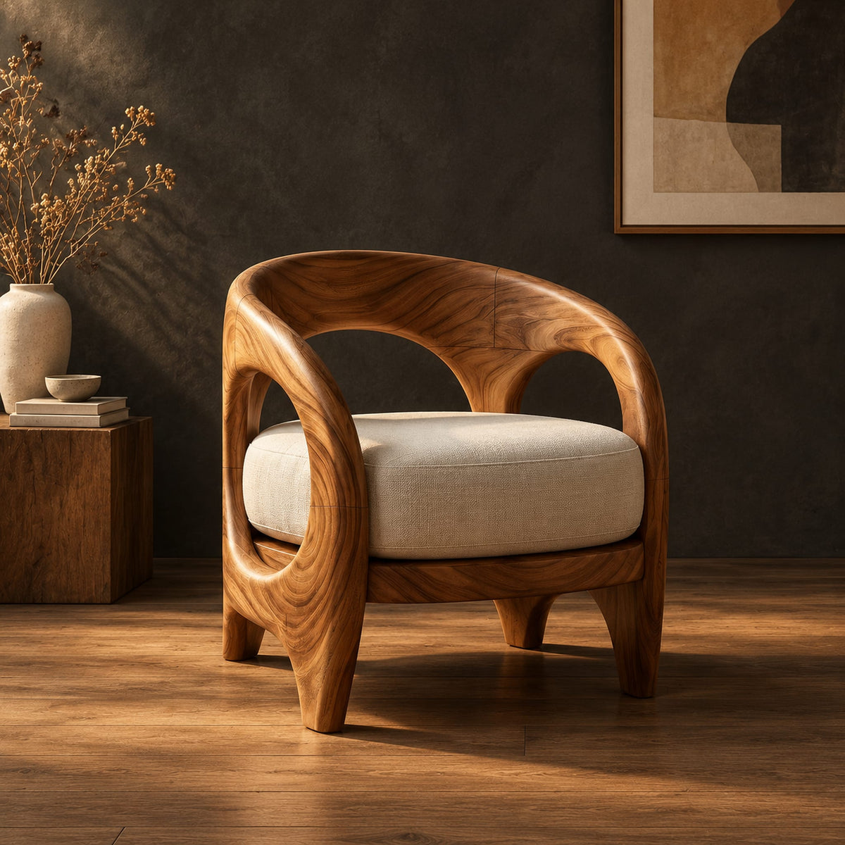Barrel shaped chair with open oval cutouts and a cream seat cushion in a dark studio against a charcoal plaster wall