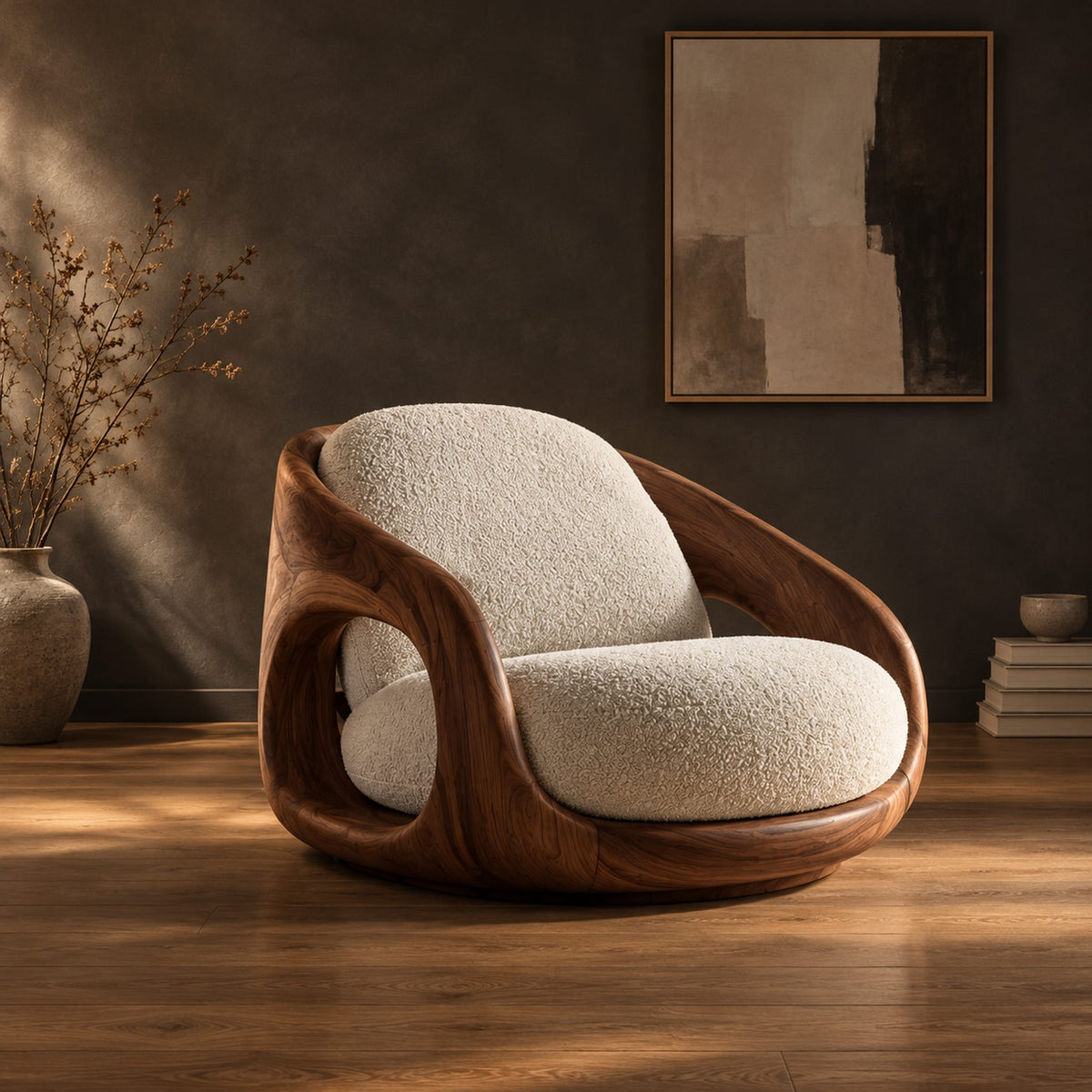 Barrel shaped wood chair with oval side openings and cream cushions in a dark studio against a charcoal plaster wall