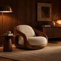 Barrel shaped wood chair with oval side openings and cream cushions in an evening living room with walnut wall paneling