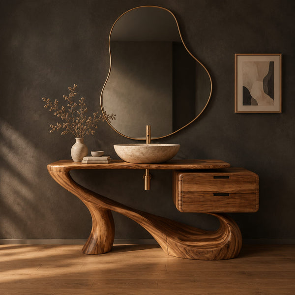 Sculpted Bathroom Vanity With Flowing Base And Two Drawers