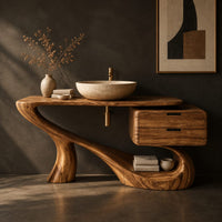 Sculpted bathroom vanity with a flowing base and a two drawer box, three-quarter view showing the grain