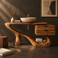 Corner detail of sculpted bathroom vanity with a flowing base and a two drawer box beside wood, brass and linen samples