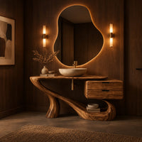 Sculpted bathroom vanity with a flowing base and a two drawer box in an evening bathroom with walnut wall paneling