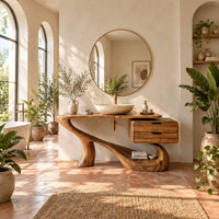 Sculpted bathroom vanity with a flowing base and a two drawer box in a bright bathroom with arched windows and plants