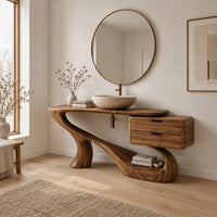 Sculpted bathroom vanity with a flowing base and a two drawer box in a Scandinavian bathroom with white walls