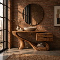 Sculpted bathroom vanity with a flowing base and a two drawer box in an industrial loft bathroom with exposed brick