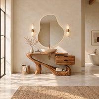 Sculpted bathroom vanity with a flowing base and a two drawer box in a bright open plan bathroom