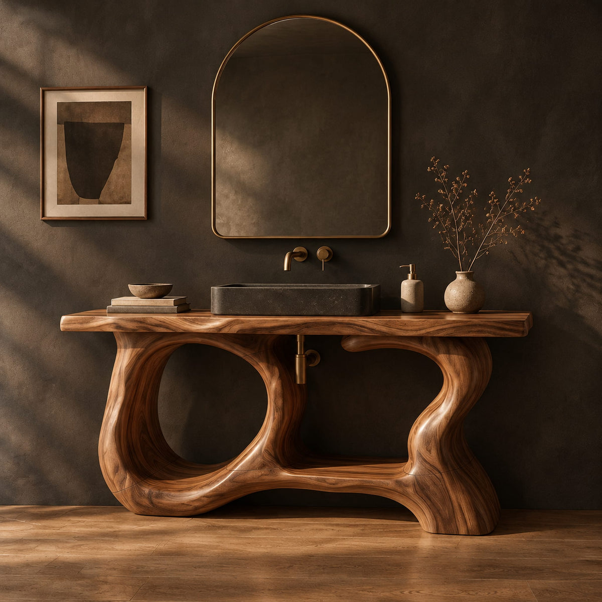Open frame vanity with a freeform slab top and a sculpted looping base in a dark studio against a charcoal plaster wall