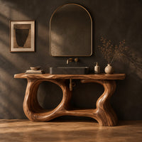 Open frame vanity with a freeform slab top and a sculpted looping base in a dark studio against a charcoal plaster wall