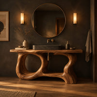 Open frame vanity with a freeform slab top and a sculpted looping base in a dark bathroom at golden hour