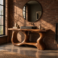 Open frame vanity with a freeform slab top and a sculpted looping base in an industrial loft bathroom with exposed brick