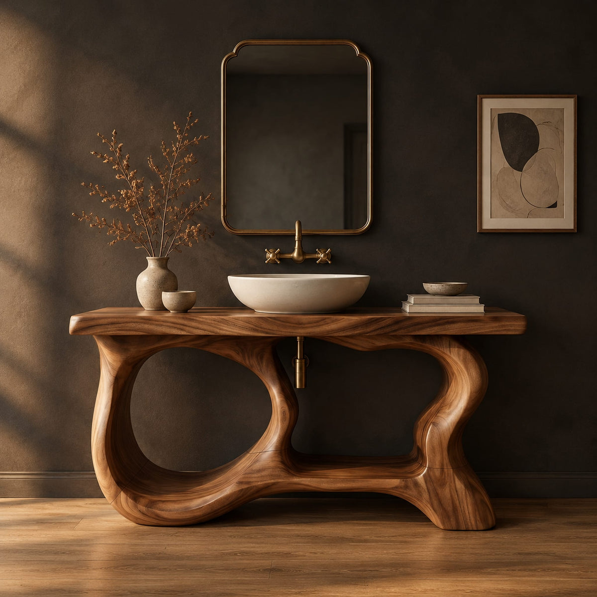 Freestanding vanity base with looping open legs and a thick wood slab top in a dark studio against a charcoal plaster wall