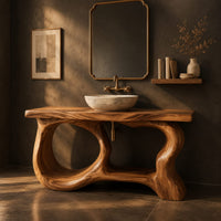 Freestanding vanity base with looping open legs and a thick wood slab top, three-quarter view showing the grain