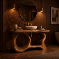 Freestanding vanity base with looping open legs and a thick wood slab top in an evening bathroom with walnut wall paneling
