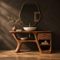Freeform vanity cabinet with a swooping leg and a small drawer above open cubbies in a dark studio against a charcoal plaster wall