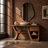 Freeform vanity cabinet with a swooping leg and a small drawer above open cubbies in an industrial loft bathroom with exposed brick