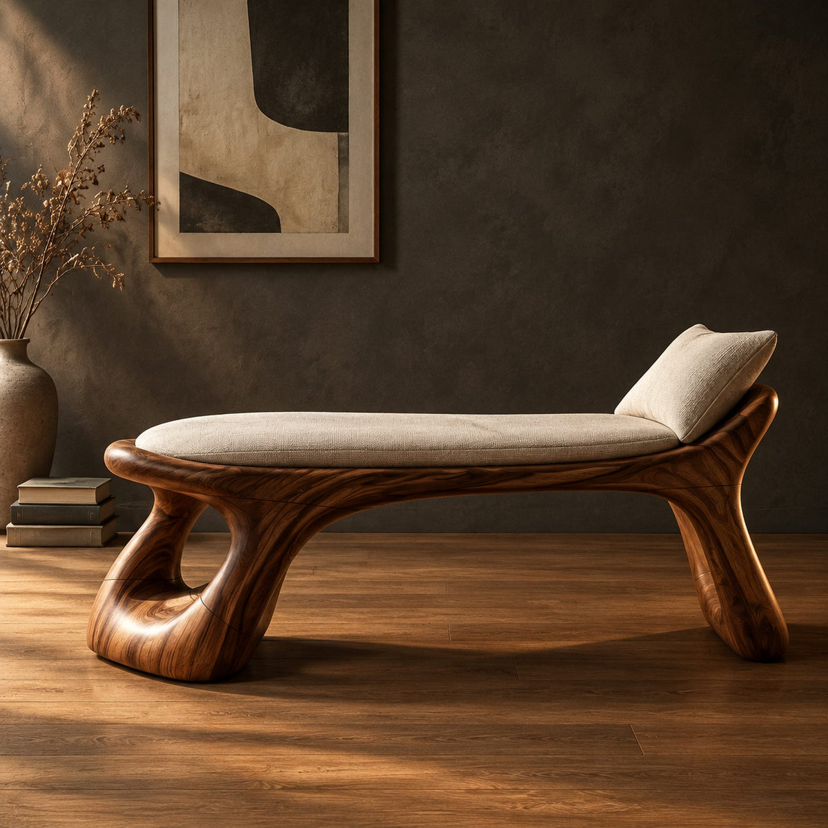 Sculpted bench with a cushioned seat and open loop legs in a dark studio against a charcoal plaster wall