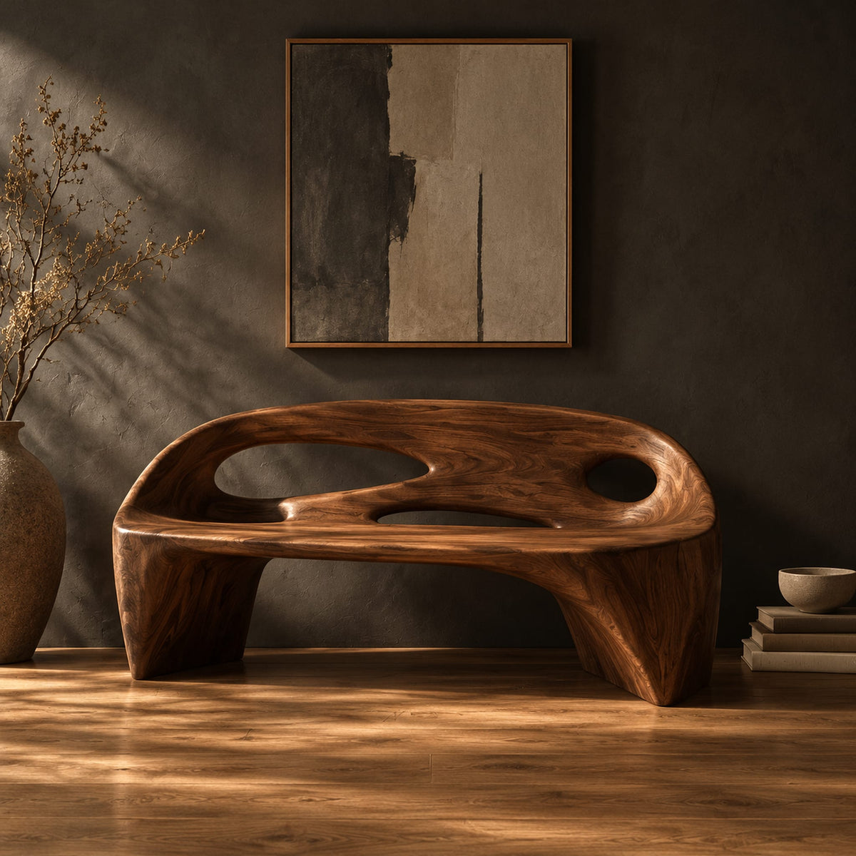 Sculpted bench with a cutout back and swept side legs in a dark studio against a charcoal plaster wall