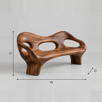 Sculpted Bench With Three Oval Openings And Thick Splayed Legs dimension diagram with width, height and depth