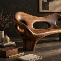 Corner detail of sculpted wood bench with a low back and three oval openings beside wood, brass and linen samples