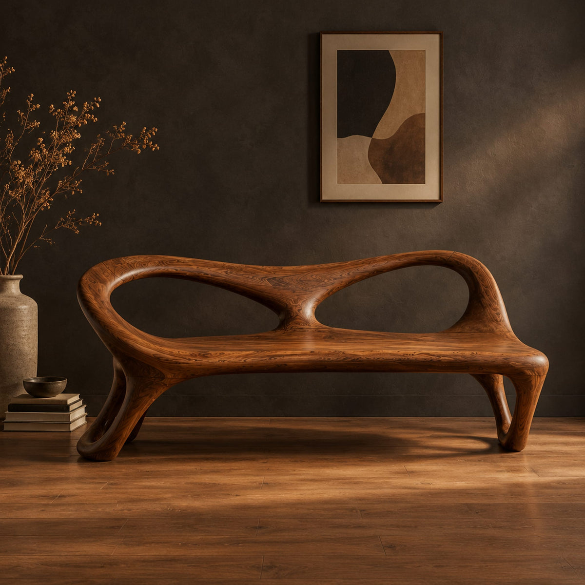 Wood bench with two oval back openings and looped legs in a dark studio against a charcoal plaster wall