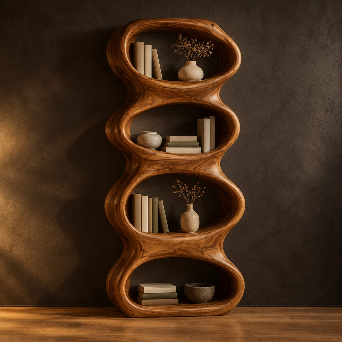 Tall sculpted bookshelf with four stacked oval openings in a dark studio against a charcoal plaster wall