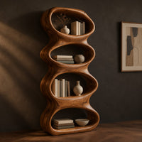 Tall sculpted bookshelf with four stacked oval openings, three-quarter view showing the grain