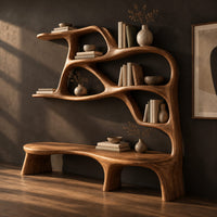Sculpted bookshelf with an integrated bench seat and open shelves, three-quarter view showing the grain