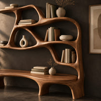 Corner detail of sculpted bookshelf with an integrated bench seat and open shelves beside wood, brass and linen samples