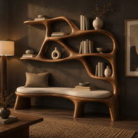 Sculpted bookshelf with an integrated bench seat and open shelves in a dark living room at golden hour