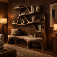 Sculpted bookshelf with an integrated bench seat and open shelves in an evening living room with walnut wall paneling
