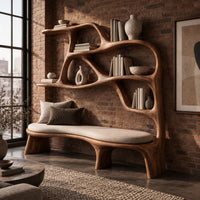 Sculpted bookshelf with an integrated bench seat and open shelves in an industrial loft living room with exposed brick