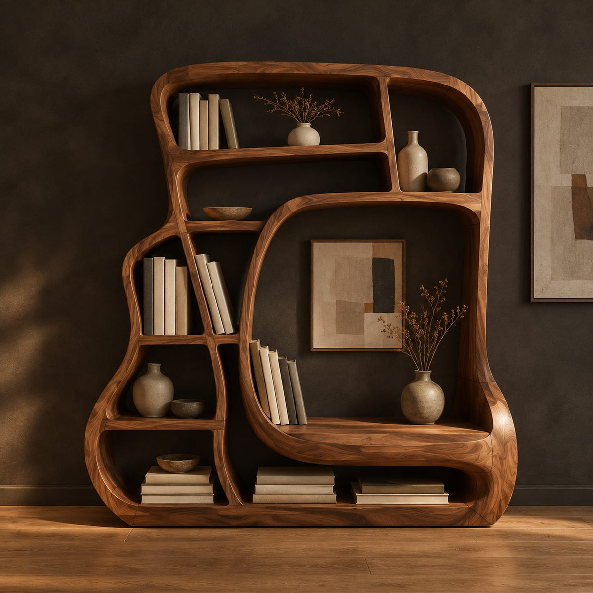 Sculpted bookshelf with a large open alcove and shelves of uneven sizes in a dark studio against a charcoal plaster wall