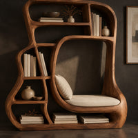 Corner detail of sculpted bookshelf with a large open alcove and shelves of uneven sizes beside wood, brass and linen samples
