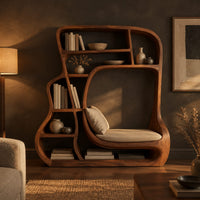 Sculpted bookshelf with a large open alcove and shelves of uneven sizes in a dark living room at golden hour
