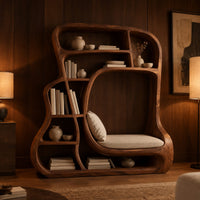 Sculpted bookshelf with a large open alcove and shelves of uneven sizes in an evening living room with walnut wall paneling