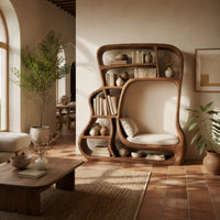 Sculpted bookshelf with a large open alcove and shelves of uneven sizes in a bright living room with arched windows and plants