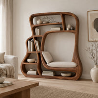 Sculpted bookshelf with a large open alcove and shelves of uneven sizes in a Scandinavian living room with white walls