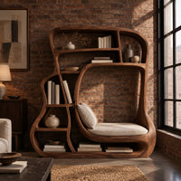 Sculpted bookshelf with a large open alcove and shelves of uneven sizes in an industrial loft living room with exposed brick