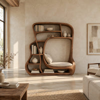 Sculpted bookshelf with a large open alcove and shelves of uneven sizes in a bright open plan living room