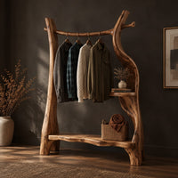 Open branch frame wardrobe with a hanging rail and two shelves, three-quarter view showing the grain