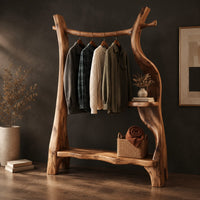 Corner detail of open branch frame wardrobe with a hanging rail and two shelves beside wood, brass and linen samples