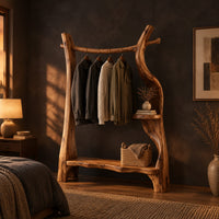 Open branch frame wardrobe with a hanging rail and two shelves in a dark bedroom at golden hour