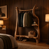 Open branch frame wardrobe with a hanging rail and two shelves in an evening bedroom with walnut wall paneling
