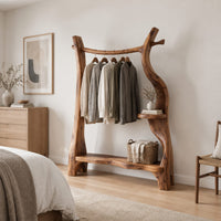 Open branch frame wardrobe with a hanging rail and two shelves in a Scandinavian bedroom with white walls