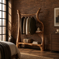 Open branch frame wardrobe with a hanging rail and two shelves in an industrial loft bedroom with exposed brick