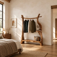 Open branch frame wardrobe with a hanging rail and two shelves in a bright open plan bedroom