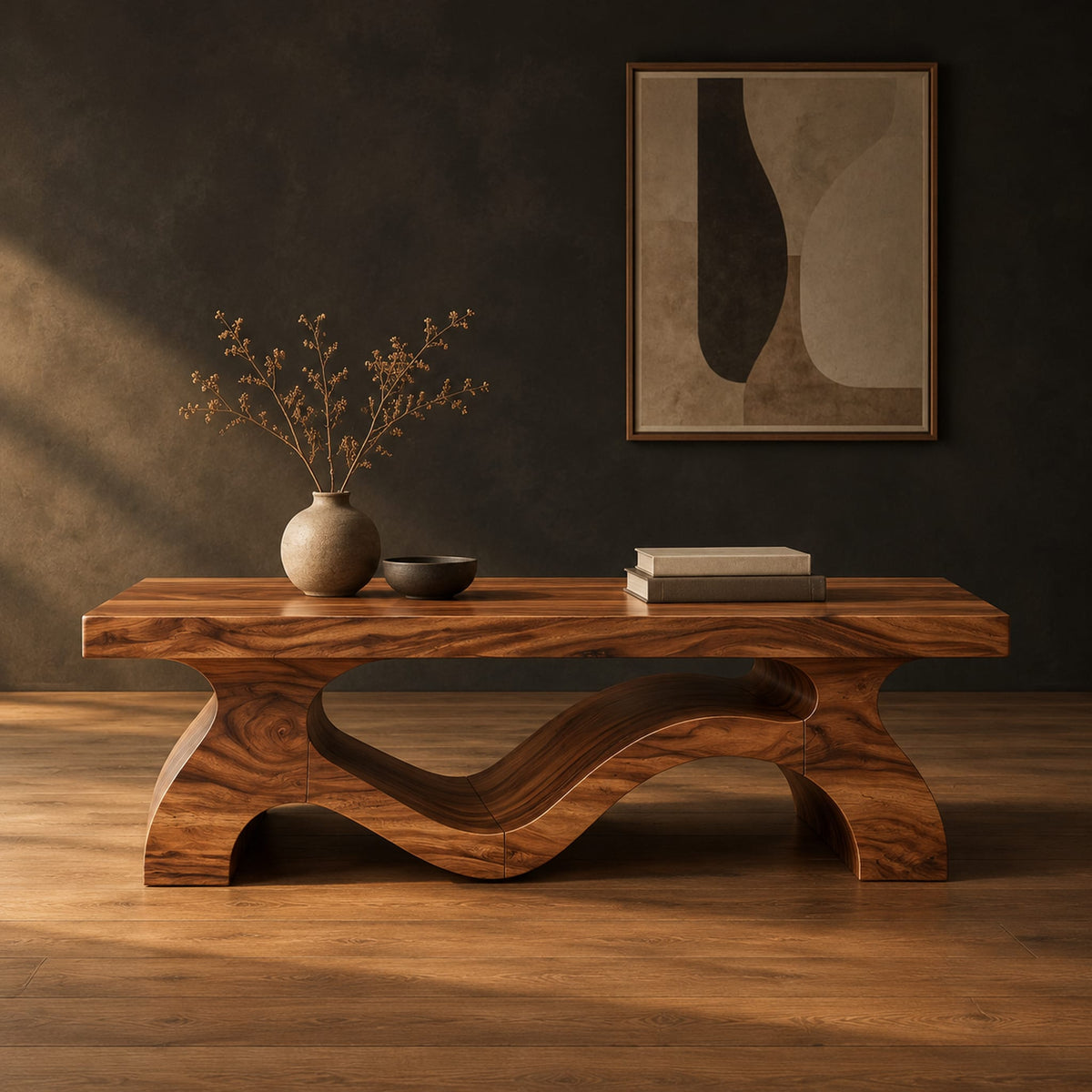 Low rectangular coffee table with a thick top and a wave ribbon base in a dark studio against a charcoal plaster wall