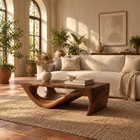 Rectangular coffee table with a thick top over a swooping open loop base in a bright living room with arched windows and plants